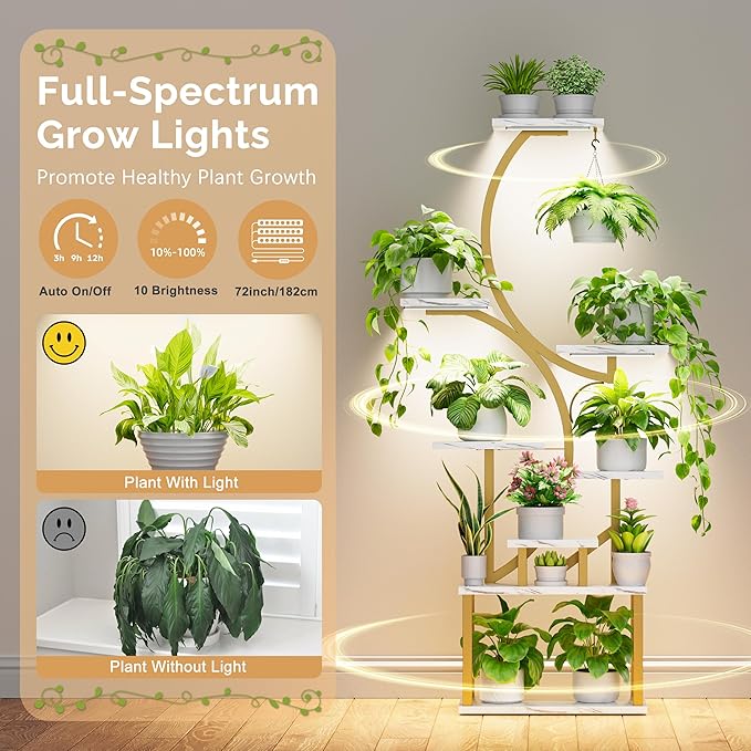 Plant Stand with Grow Lights for Indoor Plants, 8-Tiered Tall Corner Plant Shelf with Full Spectrum Light, S-Shaped Space-Saving Narrow Flower Holder, Anti-Tip for Living Room Bedroom, Faux Marble