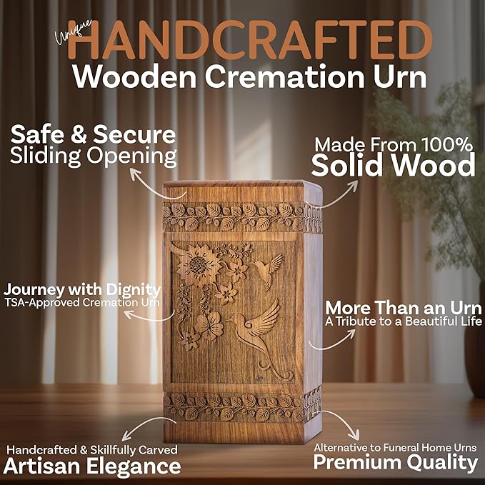 INTAJ Handcarved Rosewood Hummingbird Urn for Human Ashes Adult Male Female - Floral Carving 180 lbs Capacity - Wooden Cremation Urn Box Suitable for Burial Funeral Decorative Memorial Casket