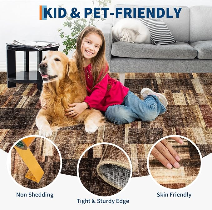 Modern Area Rugs 5x7 Washable Rugs for Bedroom Geometric Throw Rugs with Non-Slip Backing, Non-Shedding Contemporary Accent Carpet, Low Pile Floor Cover for Bedroom, Office, Brown