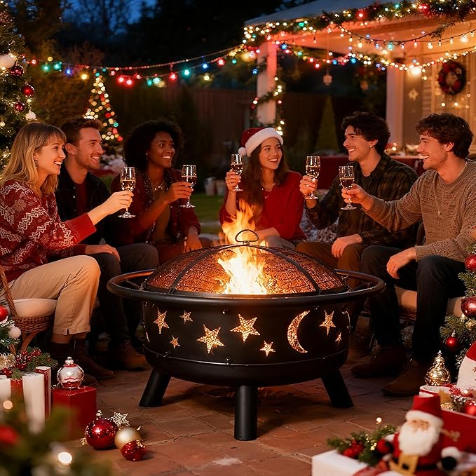 32" Round Wood Burning Fire Pit with Mesh Cover, Fire Poker, Star & Moon Cutouts, Metal Outdoor Firepit for Patio, Backyard, Garden, Bonfire, Camping, Christmas, Thanksgiving, Halloween