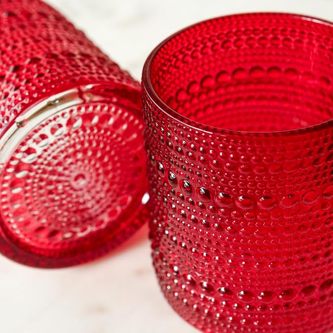 Kate Aspen Retro Arch Floral Red Drinking Glasses Set of 6, 10 oz Vintage Ribbed Glass Cups, Christmas Glassware & Holiday Drinkware, Valentine’s Day & Holiday Hostess Gift