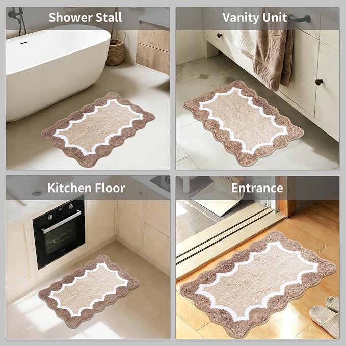 Cute Scalloped Beige Bathroom Rugs Mat,Non Slip Absorbent Quick Dry Bath Mats for Shower Room,Microfiber Bath Mats for Bathroom Floor Washable Carpet for Shower Tub Sink Bedroom,16"x24"