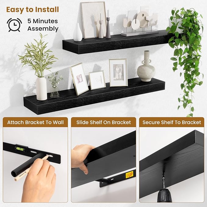 Fun Memories Bathroom Shelves 32 Inch Long Set of 2, Floating Shelves for Wall with Invisible Brackets, for Bedroom, Living Room, Kitchen, Black