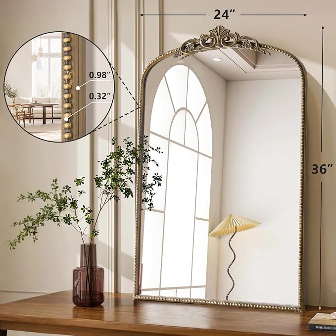 Micasso Ornate Antique Gold Mirror: 24"x36" French Baroque Arched Mirror - Traditional Vintage Decorative for Wall/Mantel/Entryway/Bathroom/Hallway/Living Room - Home Decor for Bathroom