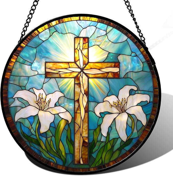 Christian Gifts for Women - Cross Stained Glass Window Hanging Jesus Easter White Lily Flower Sun Catcher Garden Religion Decor Mother's Day Catholic Gift for Men Grandma Mom Her Nana 11.8"