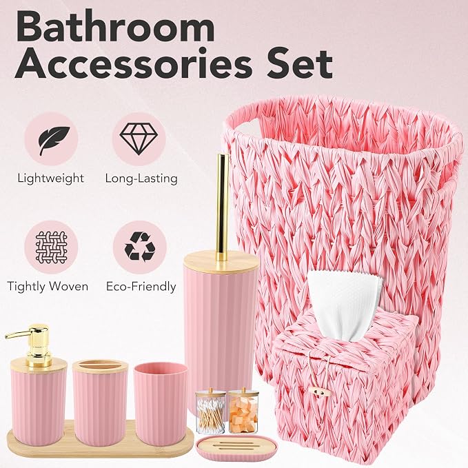 Bathroom Accessory Set, 10 Pieces Bath Set- Wicker Trash Can Tissue Box Soap Dish Toothbrush Holder Rinse Cup Lotion Bottle Toilet Brush Qtip Holder - Practical Bathroom Decor Sets (Pink, Bath Set)