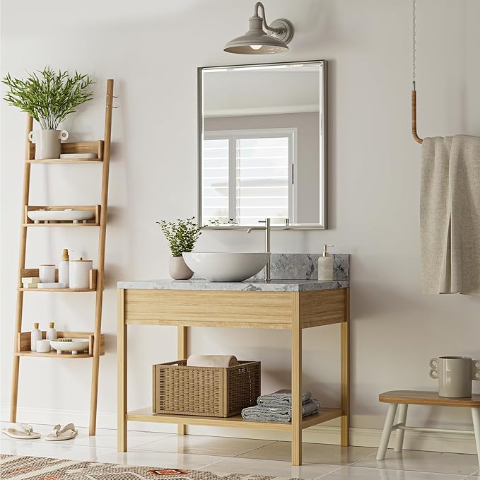 Brushed Nickel Bathroom Mirror, 30x36 Inch Beveled Framed Bathroom Mirror Anti-Rust, Brushed Nickel Metal Frame Bathroom Vanity Mirror for Wall, Vertical/Horizontal Wall-Mounted Mirrors