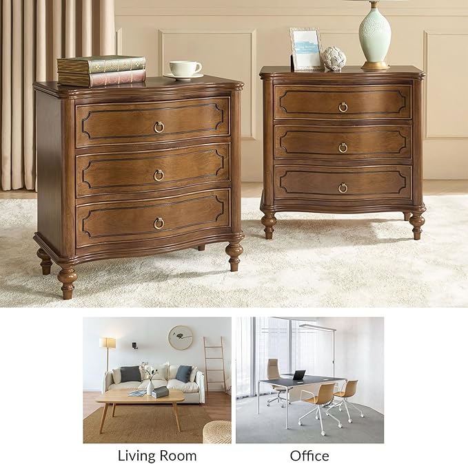 HULALA HOME Traditional Side Tables with 3 Drawers, Tall Side Table with Curved Front Profle Desgin, Charging Station, Solid Wood Legs, Set of 2, SEADRIFT