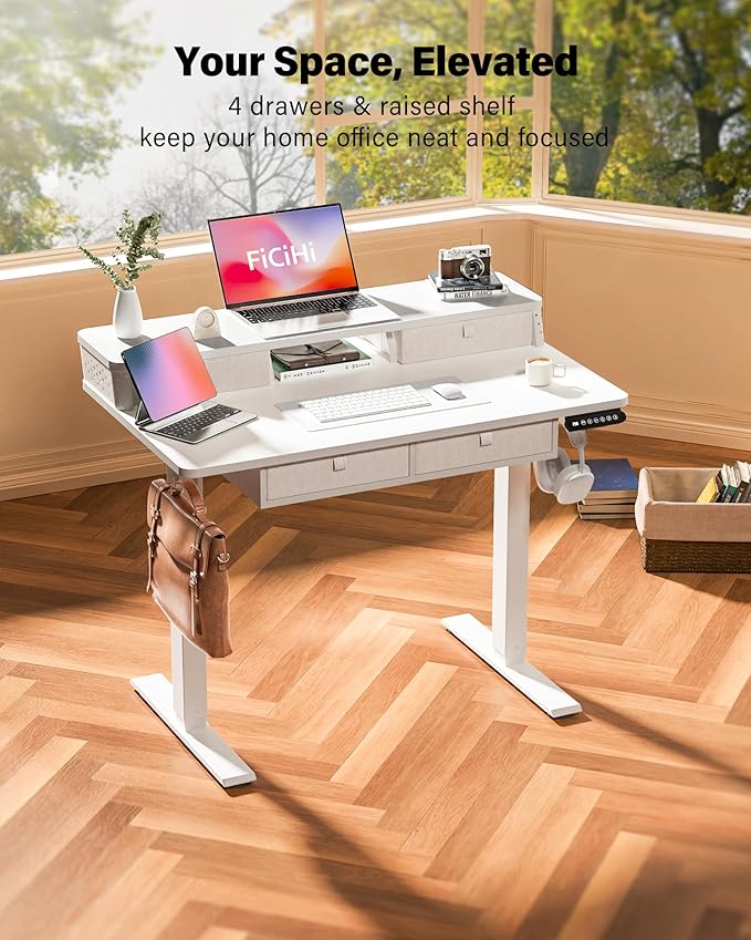 FiCiHi Adjustable Height Standing Desk with 4 Drawers,40 x 24 inches Electric Sit Stand Home Office Desk with Two Tiers, 3 Memory Presets, Monitor Stand Riser, C-Clamp Mount Compatible