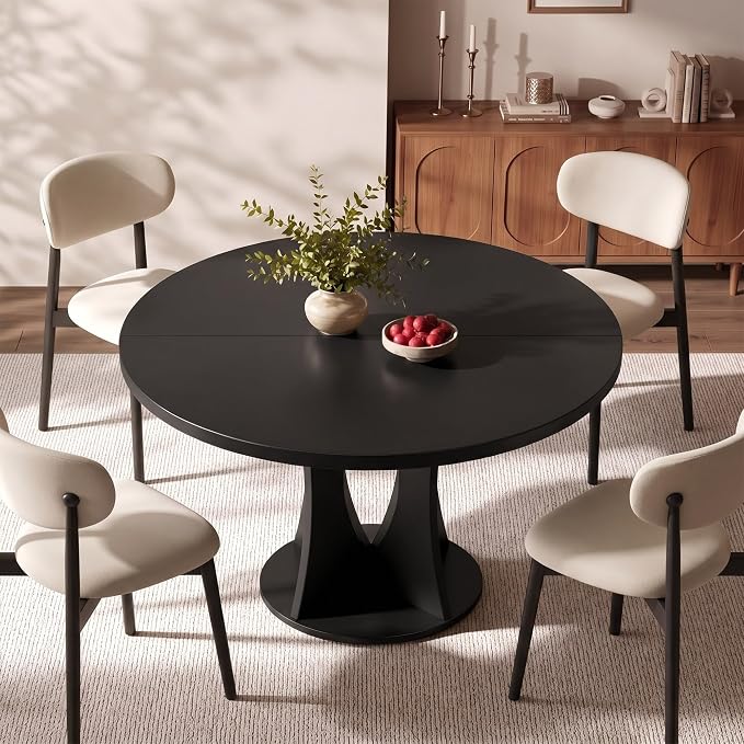Einhomn 47.2-inch Round Dining Table, Kitchen Table for 4-6, Farmhouse Circle Dining Room Table, Space Saving Wood Kitchen & Dining Room Furniture, Black
