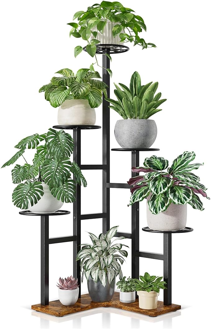 Plant Stand Indoor Outdoor, 6 Tier Tall Metal Wood Shelf Holder Display Rack Flower Pot Stand for Patio Garden Balcony Living Room Bedroom