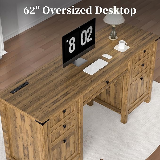 Executive Desk, Modern Farmhouse Computer Desk with Drawers & Cabinet, Home Office Desk for Work Study Writing Workspace (Light Brown, 62")