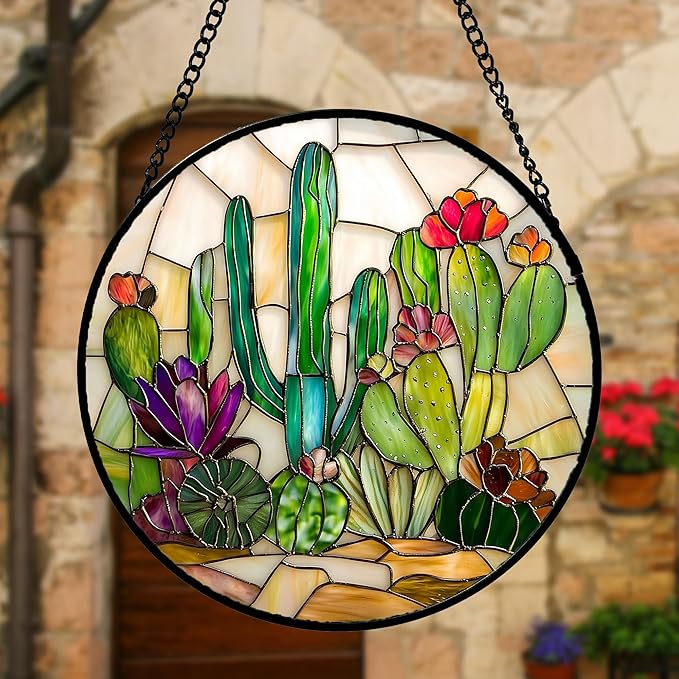 Stained Glass Window Hanging, White Green Cactus Suncatcher Diamond Glass Panel Hangings Sun Catchers Decor for Birthday for Women, Men, Wife, Aunt, and Mom 6.3 in