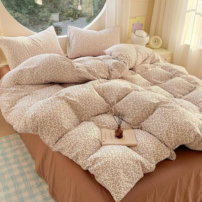 EAVD Chic Garden Small Floral Duvet Cover Twin Soft 100% Muslin Cotton Feel Gauze Vintage Floral Bedding Set with 2 Pillowcases Cottagecore Botanical Print Duvet Cover with Zipper Closure