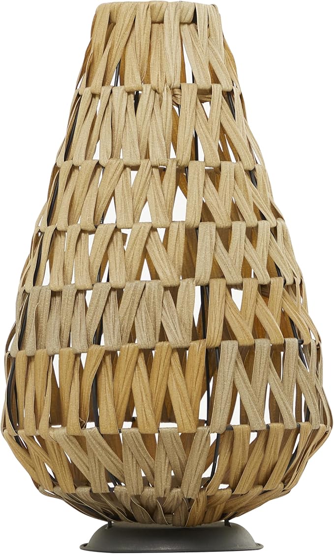 Deco 79 Plastic Rattan Handmade Decorative Candle Lantern with Wrapped Zig Zag Design, 11" x 11" x 19", Light Brown