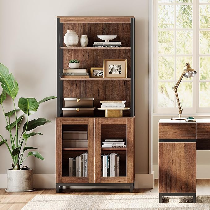 WAMPAT Modern 72" Tall Bookcase with Glass Doors and Adjustable Shelves, Library Book Shelf with Storage Cabinet and Open Book Shelfs, Wood Bookshelf for Home Office, Living Room, Brown
