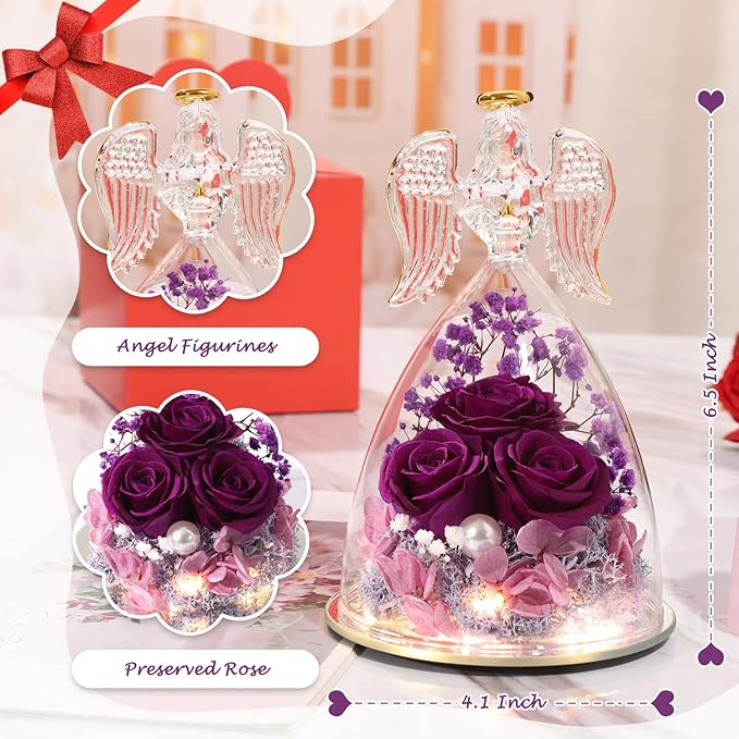 ANWEAO Christmas Flower Gifts for Mom,Angel Rose Gifts for Women,Glass Angel Figurine with Preserved Three Purple Roses,Forever Flowers Women Christmas Birthday Gifts for Mom Grandma Wife Her Friend