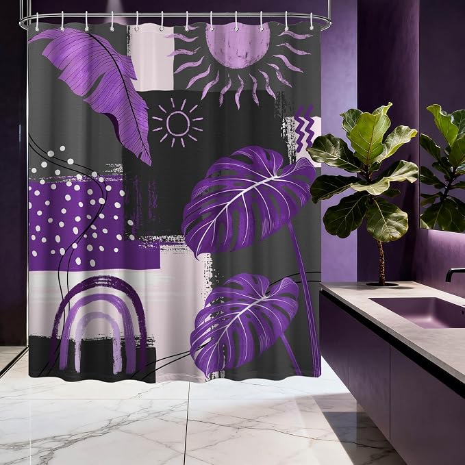 Extra Long Shower Curtain 96 Inchs Extra Tall Purple and Gray Mid Century Modern XL Abstract Shower Curtains for Large Bathroom Decor Sets, Waterproof Cloth Fabric with Hooks, 70 x 96 Inch