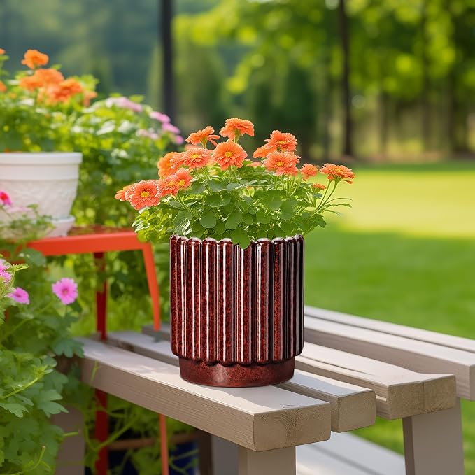 Ceramicfor Ceramic Pots for Plants - 7.6 Inch Indoor Planter, Decorative Plant Pots with Drainage Hole, Fluted Ceramic Flower Pots, Round Planter Outdoor, Patio Decor, Gifts for Plant Lovers, Red