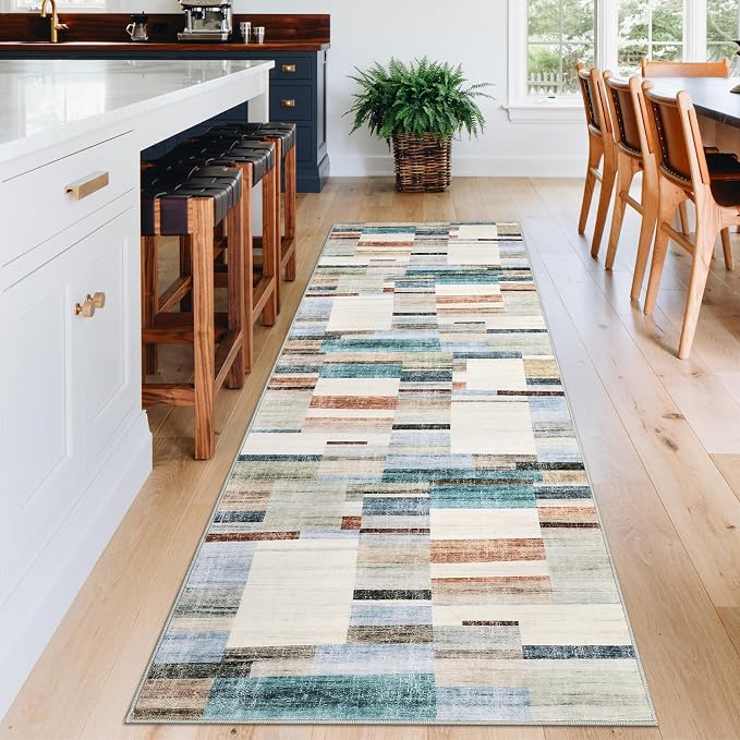 Washable Runner 2x6 Non Slip Kitchen Rugs Modern Geometric Hallway Rug Indoor Entryway Rug Farmhouse Soft Bath Mat Stain Resistant Carpet for Bedroom Laundry 2'x6' Multi