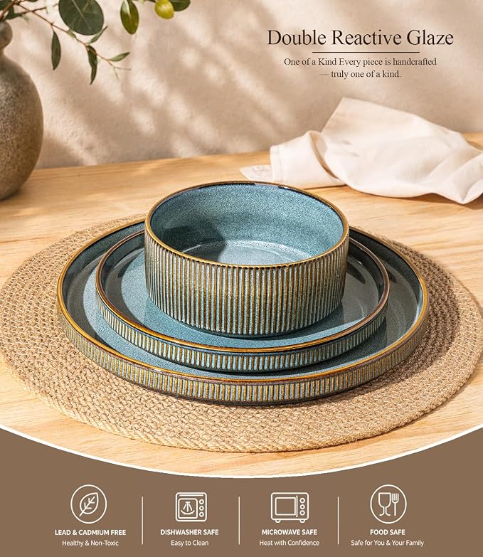 GBHOME 12-Piece Stoneware Dinnerware Set for 4 – Ribbed Ceramic Plates and Bowls, Scratch-Resistant, Microwave & Dishwasher Safe, Reactive Glaze-Space Blue