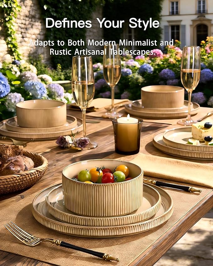 Stoneware Dinnerware Sets, Handcrafted Double Reactive Glaze Plates and Bowls for Everyday & Formal Dining, Microwave & Dishwasher Safe, Scratch Resistant Dishes Service for 4 (12-Piece), Cream