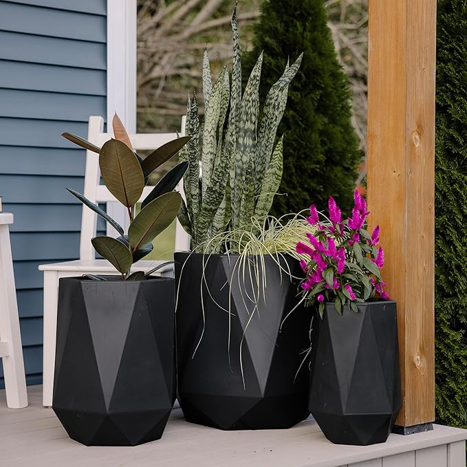 Beuta Large Planters for Outdoor Plants - Set of 3, 15.5/18/20 Inches Outdoor Planters for Porch - Tall Planter for Outdoor & Indoor Plants | Large Indoor Plant Pot- USA Made - Black