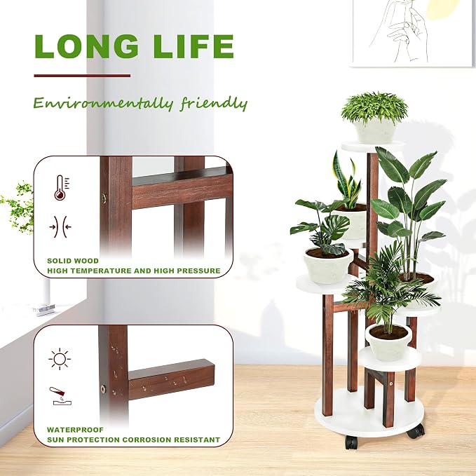 Plant Stand Indoor with Wheels - 5 Tiered Wood Corner Plant Stands For Living Room Balcony Garden Patio Outdoor- Espresso White