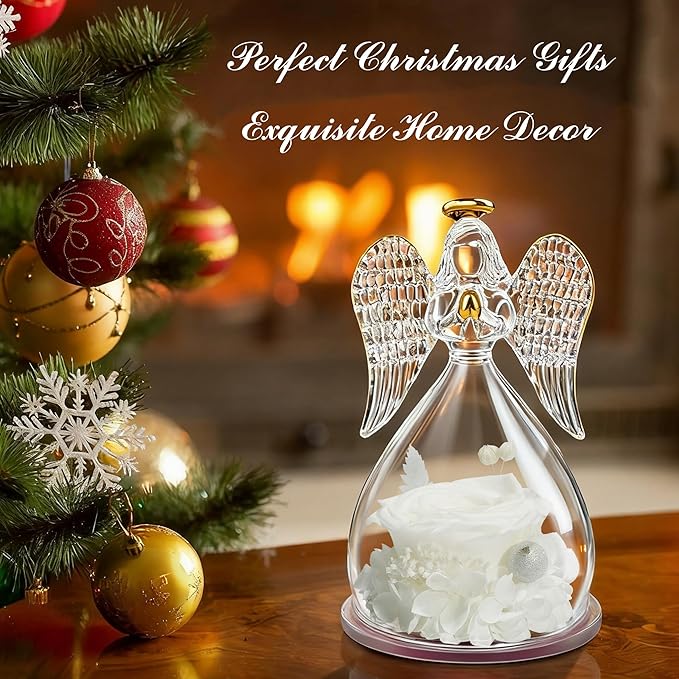 Sunia Preserved Flower Rose Gift for Women - Mother's Day Birthday Gifts for Mom Wife Grandma, Glass Angel Figurines Forever Real Roses Gifts for Her Valentine Day Thanksgiving﻿ (White)
