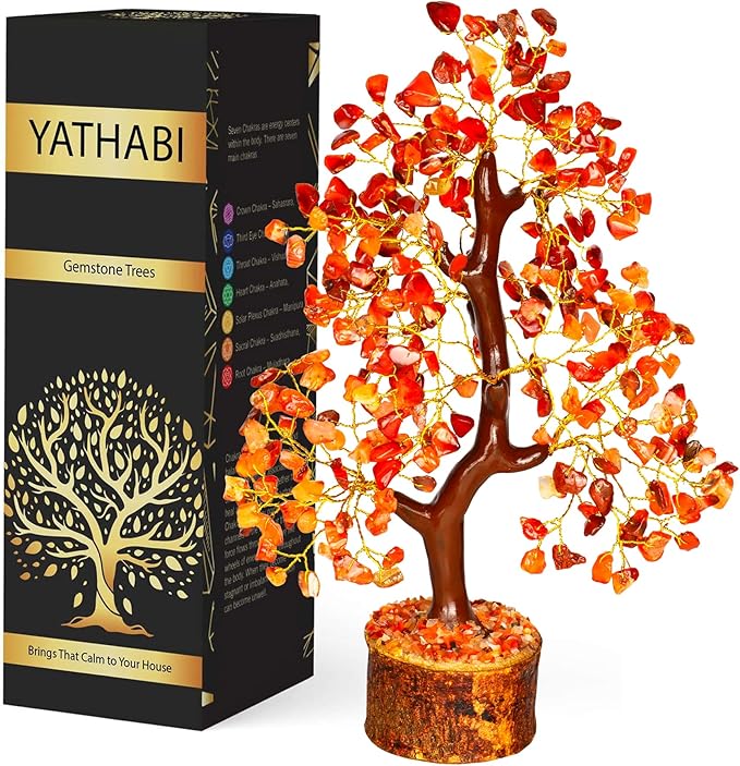 YATHABI Carnelian - Chakra Tree - Gemstones - Crystal Bonsai Tree - Feng Shui - Red Crystal Stone - Crystal Tree of Life Decor - Spiritual Gifts - Spiritual Desk Decor - Rock Tree - Chakra Stone