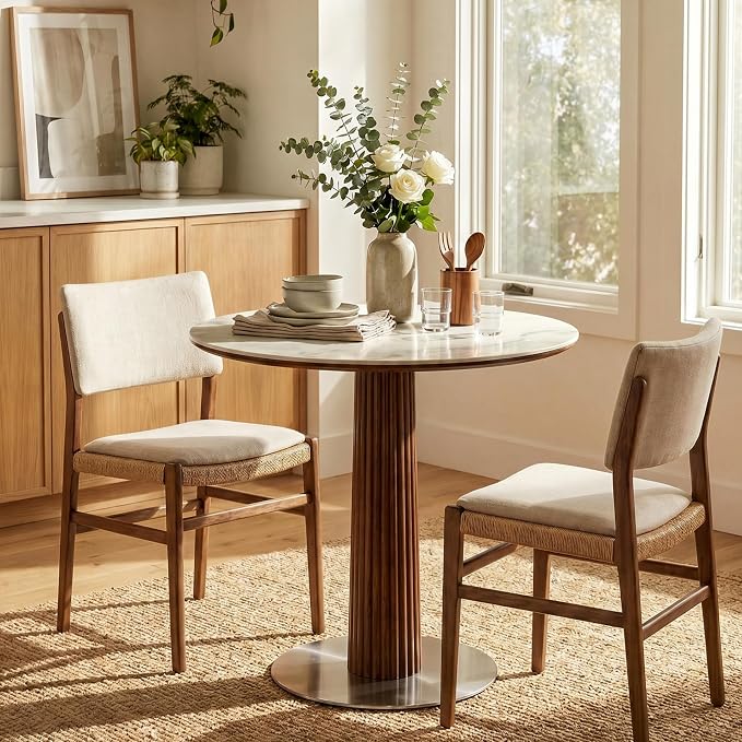 Round Dining Table, 31.5" Solid Wood Dinner Table with Thickened Top & Steel Pedestal, Mid Century Modern Bistro Table for Kitchen, Small Space, Living Room, Cafe, White & Walnut -Style C