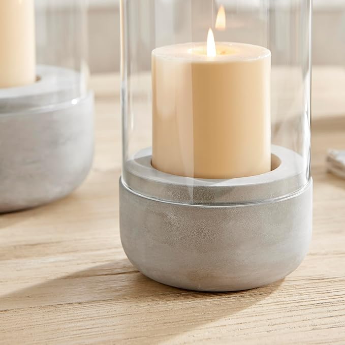 Danya B. Modern Cool Gray Cement Base and Glass Pillar Hurricane Candle Holder (Small)