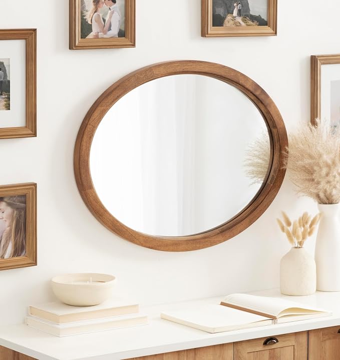 Kate and Laurel Hogan Farmhouse Oval Framed Wall Mirror; 18 x 24; Natural Rustic; Decorative Traditional Wood Mirror with Soft Curvature and Oval Shape
