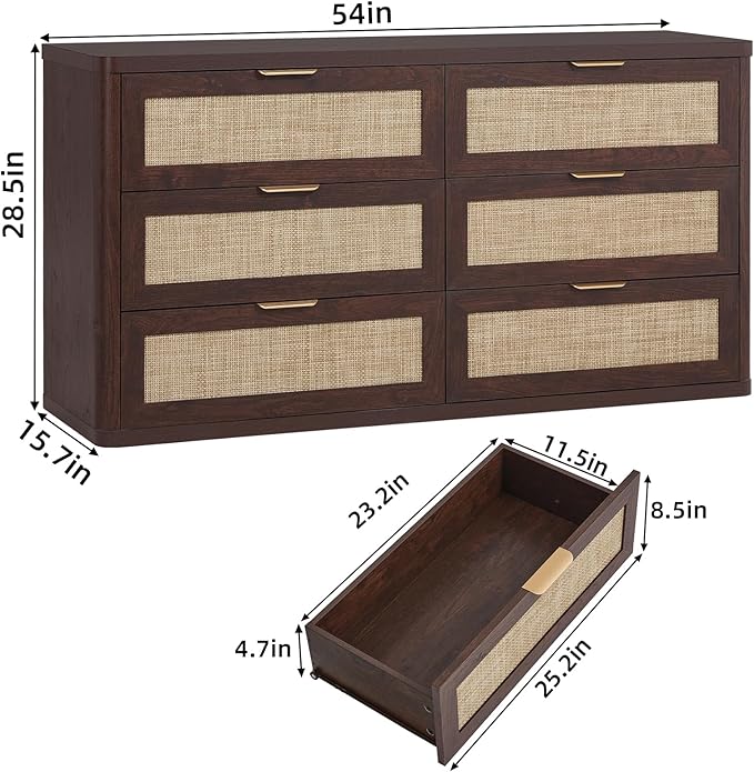 LEYAOYAO Rattan 6 Drawer Dresser for Bedroom, 54" Wide Boho Chest of Drawers, Wooden Dressers TV Stand with Metal Handle, Storage Closet Organizer for Living Room, Hallway, Walnut