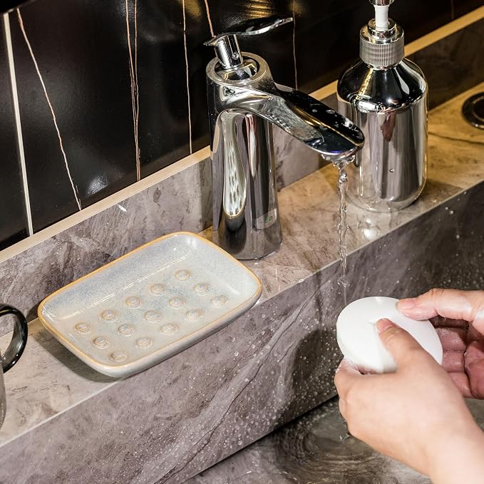Soap Dish for Shower, Ceramic Soap Dish for Large Soap Bars, Non-Slip Soap Holder & Saver Tray with Floating Point Design for Bathroom, Shower, Kitchen Sink, Save Soap Loss