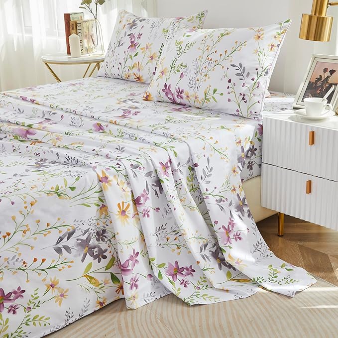 Brandream Garden Style King Size Sheets Set 4 Pieces Breathable Luxury Bed Sheets, Deep Pockets 18" Cooling Bed Sheets Farmhouse Bedding 800 Thread Count 100% Egyptian Cotton, Purple White Green