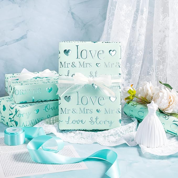RUSPEPA Wedding Wrapping Paper, Mini Roll, Bridal Shower Gift Wrap, Mint Green Gold Foil LOVE Design, Perfect for Engagement, Anniversary, 17 Inches x 16.5 Feet