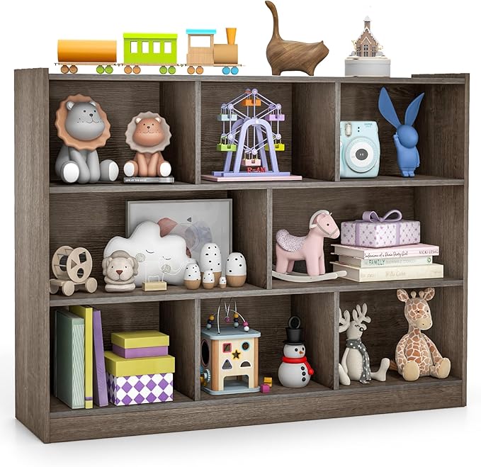 KOTEK Toy Storage Organizer, 8 Cubby Kids Bookshelf, Wooden 4-Tier Bookcase Storage Cabinet, Open Display Book Shelf for Daycare, Nursery, School Classroom, Playroom & Bedroom (Grey, 8 Cubes)