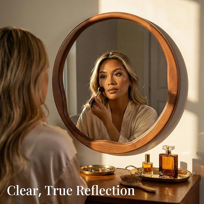 Walnut Round Mirror 24 Inch, Solid Wood Framed Bathroom Vanity Mirror with Wavy Inner Edge, Retro Mid-Century Wall Decor for Bedroom & Entryway