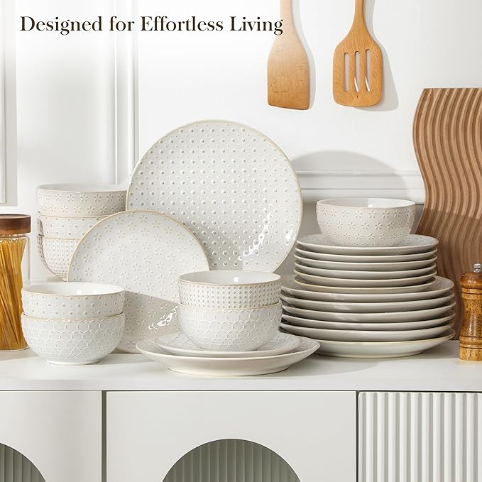 MALACASA 24 Piece Dinnerware Set, Embossed Ceramic Dish Sets Service for 8, Plates and Bowls Set, Durable Stoneware Tableware for Family Dinners, Dishwasher & Microwave Safe