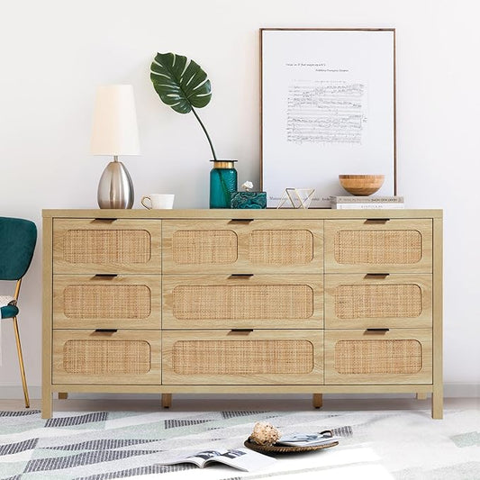 9 Drawer Dresser with Rattan Finish, Modern Farmhouse Chest of Drawers with Metal Handles, Accent Wood Dresser for Bedroom, Living Room (Natural)