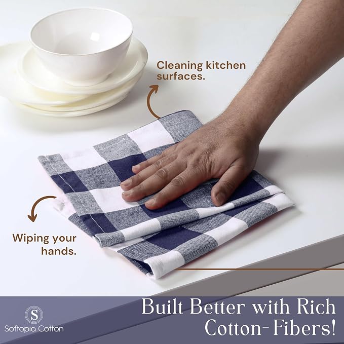 Navy Buffalo Plaid Kitchen Dish Towels, 12 Pack, 100% Cotton, 16x26 Inches, Super Absorbent, Quick Dry, Soft, Durable, Dish Drying & Cleaning Towels with Hanging Loop, Navy Blue White