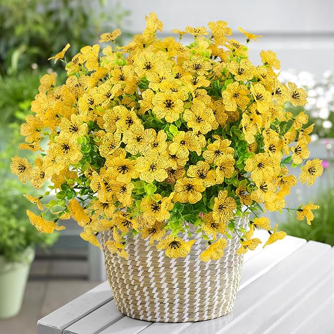 Artificial Flowers Outdoor Faux Plants UV Resistant Fake Patio Flowers Plastic Greenery Plnats Outside Bulk for Spring Garden Hanging Planter Home Vase Decor, 12 Bundles (Yellow)