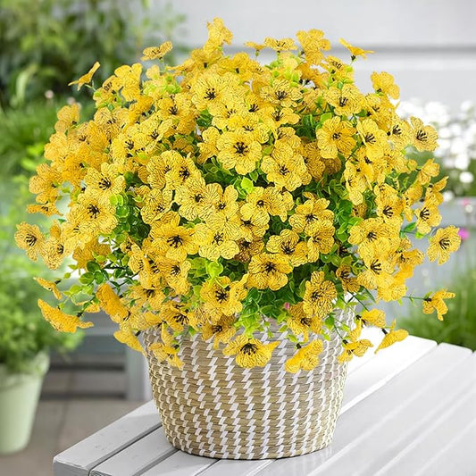 Artificial Flowers Outdoor Faux Plants UV Resistant Fake Patio Flowers Plastic Greenery Plnats Outside Bulk for Spring Garden Hanging Planter Home Vase Decor, 12 Bundles (Yellow)
