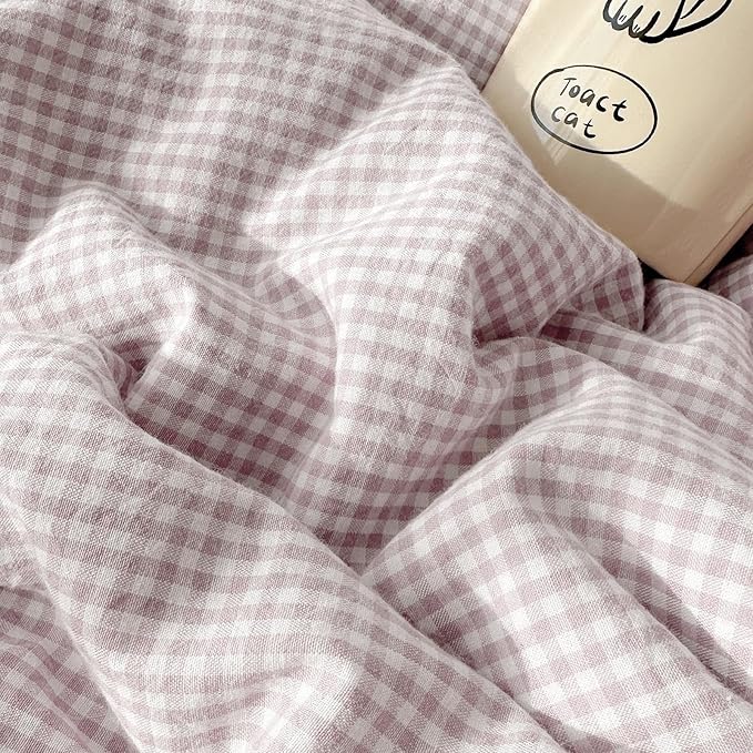 LifeTB Purple Gingham Comforter Set Queen Romantic Lace Style Checkered Pattern Comforter Set Farmhouse Purple Grid Plaid Bedding Comforter Queen Fluffy Soft Lightweight Gingham Bedding Set