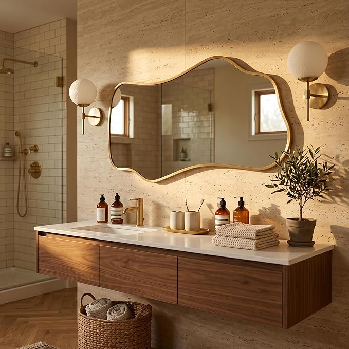 Bathroom Mirrors for Over Sink-Horizontal or Vertical Hanging 47.2"x21.6" Gold Asymmetrical Wavy Aluminum Frame Decorative Full Body Mirror for Living Room,Bedroom,Cloakroom,Entryway