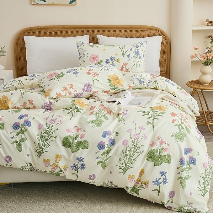 100% Cotton Duvet Cover King Size – Botanical Garden Print, Green Floral Duvet Cover Set with Zipper Closure, 3-Piece Soft Breathable Natural Cotton Bedding Set for All Seasons