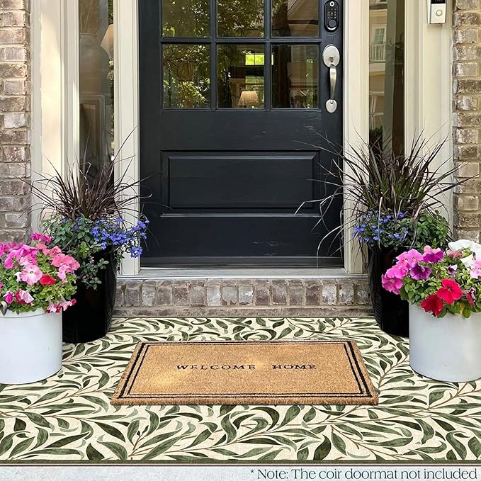 3x5 Boho Entry Rug - Small Washable Indoor Outdoor Mats for Front Door Non-Slip Porch Rug Sage Green Botaniacal Leaf Throw Rugs for Living Room Bedroom Entryway Kitchen Office Porch Decor