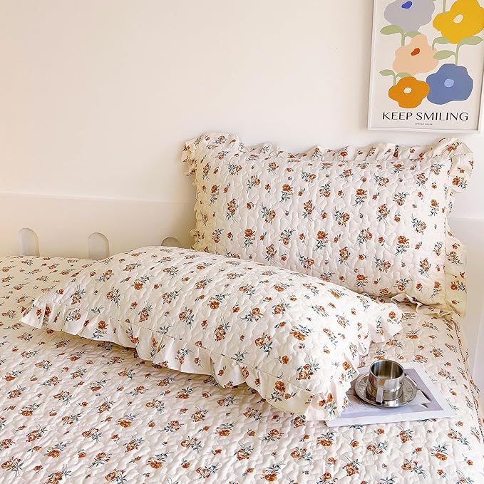 EAVD Cute Garden Floral Duvet Cover with Ruffles Soft Cotton Chic French Romantic Floral Bedding Set with 2 Pillowcases Reversible Botanical Print Duvet Cover with Zipper Closure