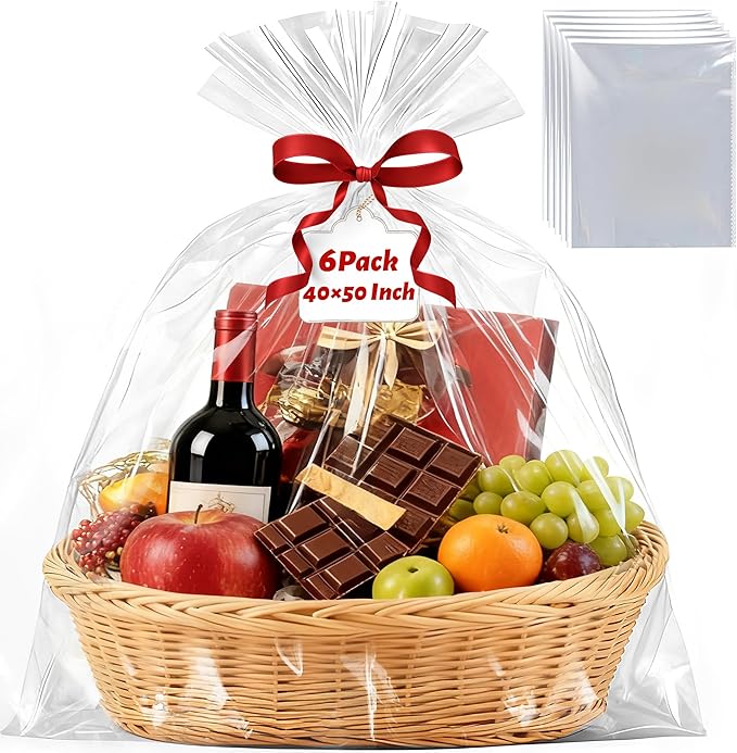Soarvita 6 Pack Extra Large Cellophane Bags for Gift Baskets 40×50 Inch – Clear Cellophane Wrap for Large Christmas Gift Baskets, Holiday Parties, Weddings & Birthdays – 2.8 Mil Thick Clear Gift Bags